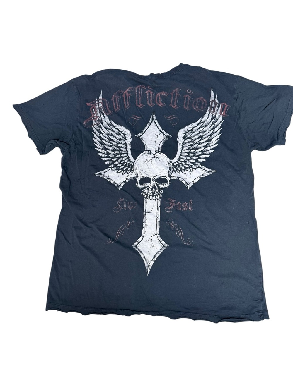 Affliction ‘Live Fast’ Graphic Tee with Death Skull Cross in Black [M]